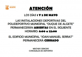 Horario Polideportivo días 1 y 2 de mayo
